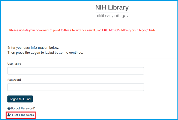 ILLiad first time user login page